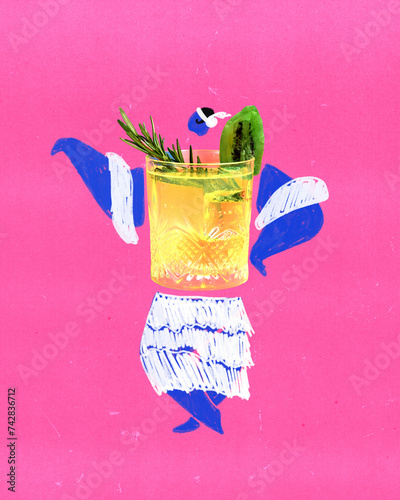 Retro party. Female drawn character dancing around gin garden cocktail against pink background. Contemporary art collage. Concept of party, cocktail menu, alcohol drinks, celebration. Poster.