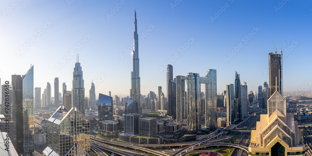 Dubai Burj Khalifa skyline tallest building in the world panorama top view downtown - obrazy, fototapety, plakaty 