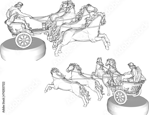 Vector sketch illustration design of classic Greek Roman hero riding a horse-drawn chariot