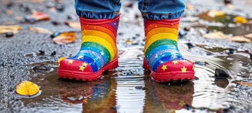 Cheerful child in rain boots happily jumping in a puddle, leaving ample space for text placement.