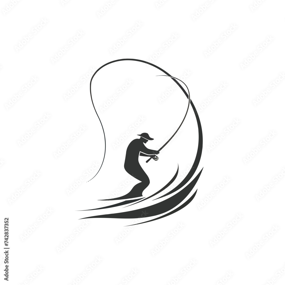 Black simple abstract fishing silhouette design element on white background Generative Ai Black simple abstract fishing silhouette design element on white background Generative Ai