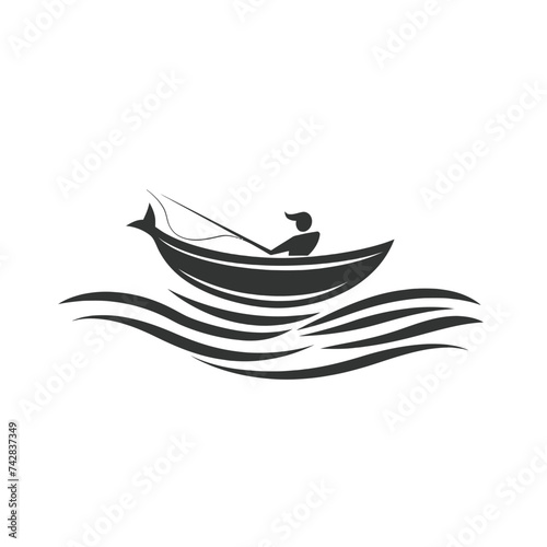 Black simple abstract fishing silhouette design element on white background Generative Ai