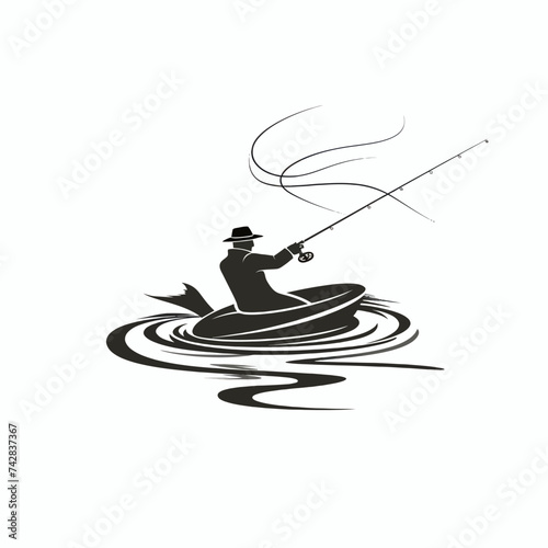 Black simple abstract fishing silhouette design element on white background Generative Ai