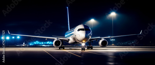 Large jetliner sitting on top of airport tarmac at night.