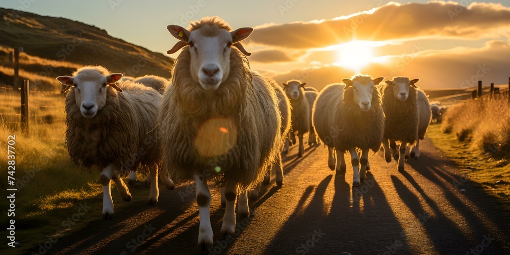 Sheep gathering under golden sky on New Zealand countryside road. Concept Nature, Landscape, New Zealand, Countryside, Sheep gathering