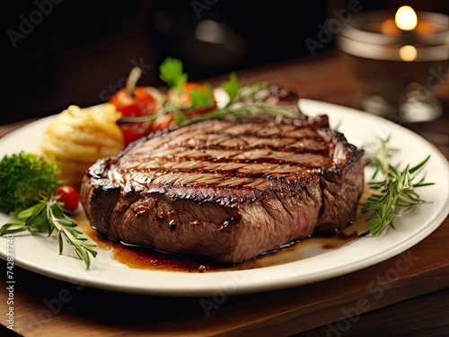 Fresh and juicy Beef Steak plate, meat grilled on barbecue, served in Restaurant, loop