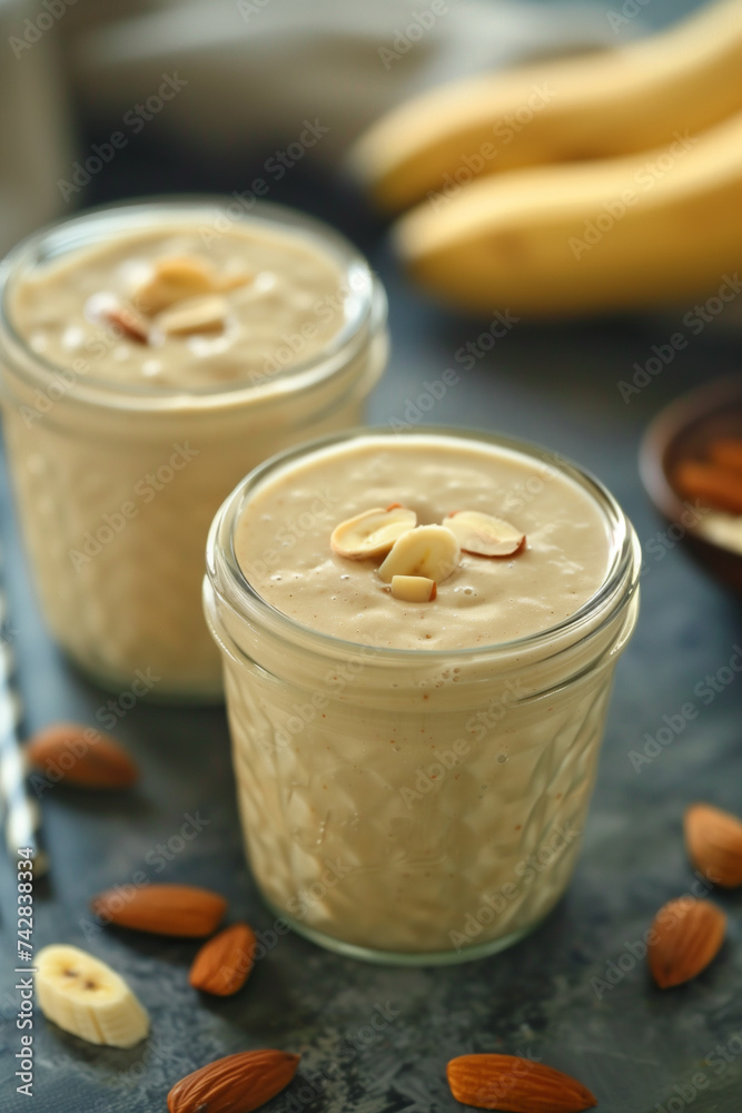 Close-up of a creamy banana almond smoothie in glass jars. Close-up of a creamy banana almond smoothie in glass jars.