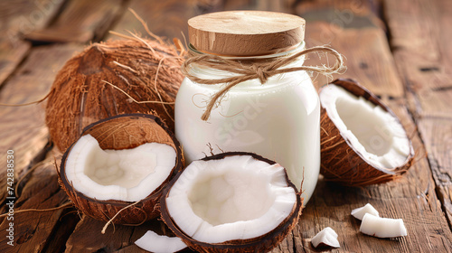 Coconut and milk with a rustic vibe, ideal for culinary and wellness themes.