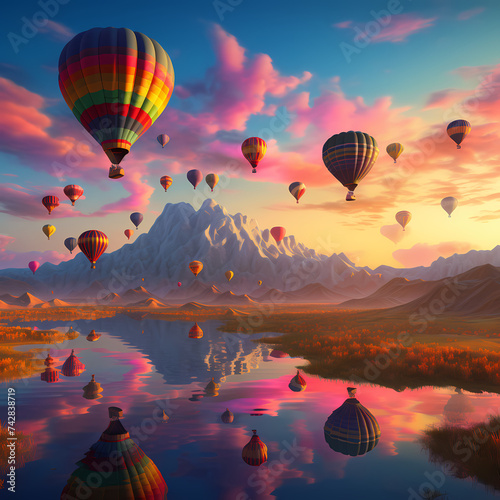 A field of colorful hot air balloons at sunrise. 