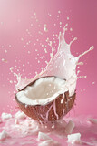 Dynamic coconut milk splash on a vibrant pink background. High-Speed Coconut Milk Splash
