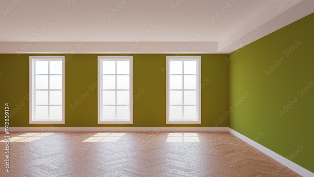 Fototapeta premium Khaki Interior with a White Ceiling and Cornice, Glossy Herringbone Parquet Floor, Three Large Windows and a White Plinth. Sunny Beautiful Interior. 3D Rendering, 8K Ultra HD, 7680x4320, 300 dpi