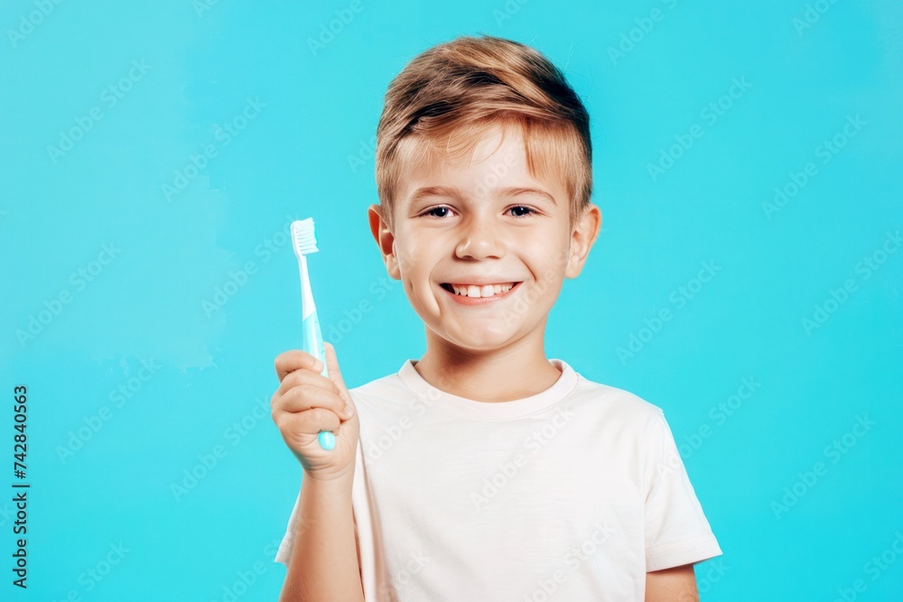 cute little boy kid holding toothbrush on blue background cute little boy kid holding toothbrush on blue background