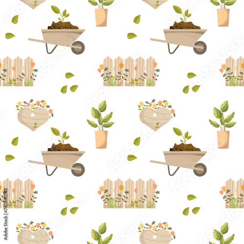Seamless pattern, garden wheelbarrow, shovel, rake, boots, gloves, watering can, birdhouse. Background, spring print, vector