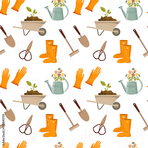 Seamless pattern, garden wheelbarrow, shovel, rake, boots, gloves, watering can, birdhouse. Background, spring print, vector