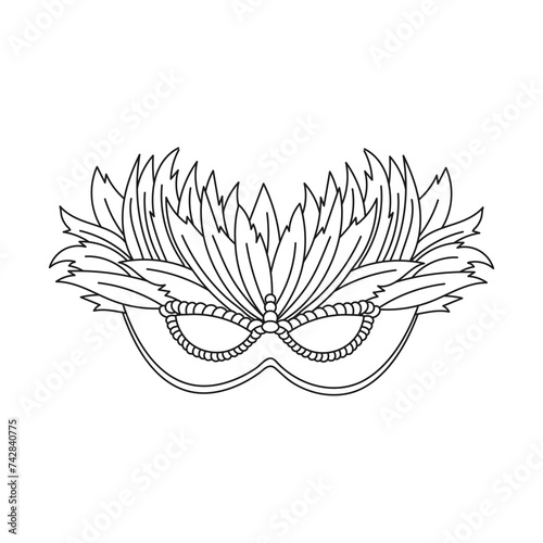 Carnival mask, sketch, line art. Illustration for coloring book, holiday decor element, vector