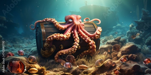 Octopus with treasure chest and gold coins rests on ocean floor. Concept Seaside Adventure, Underwater Exploration, Mythical Creatures, Ocean Treasures, Marine Life Discovery