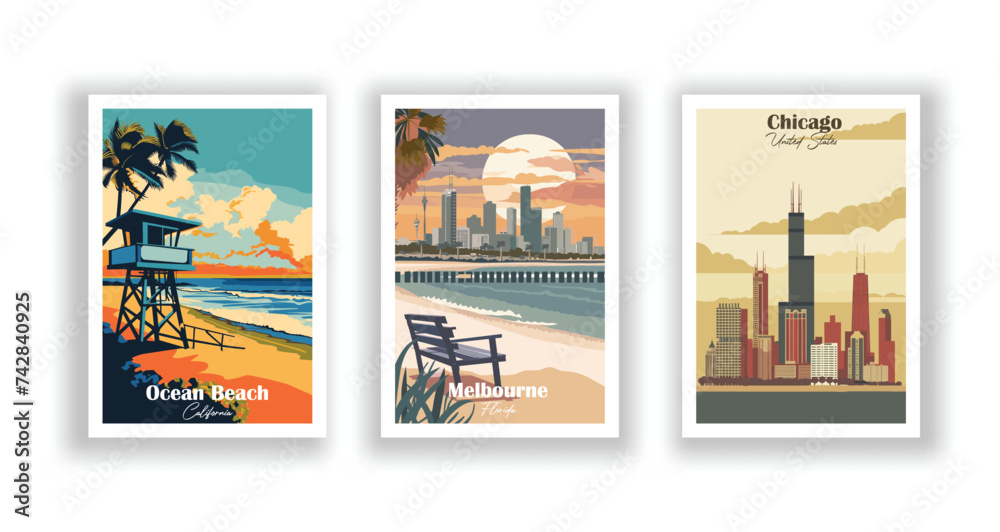 Obraz premium Chicago, United States. Melbourne, Florida. Ocean Beach, California - Vintage travel poster. Vector illustration. High quality prints