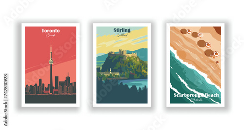 Scarborough Beach, Australia. Stirling, Scotland. Toronto, Canada - Vintage travel poster. Vector illustration. High quality prints