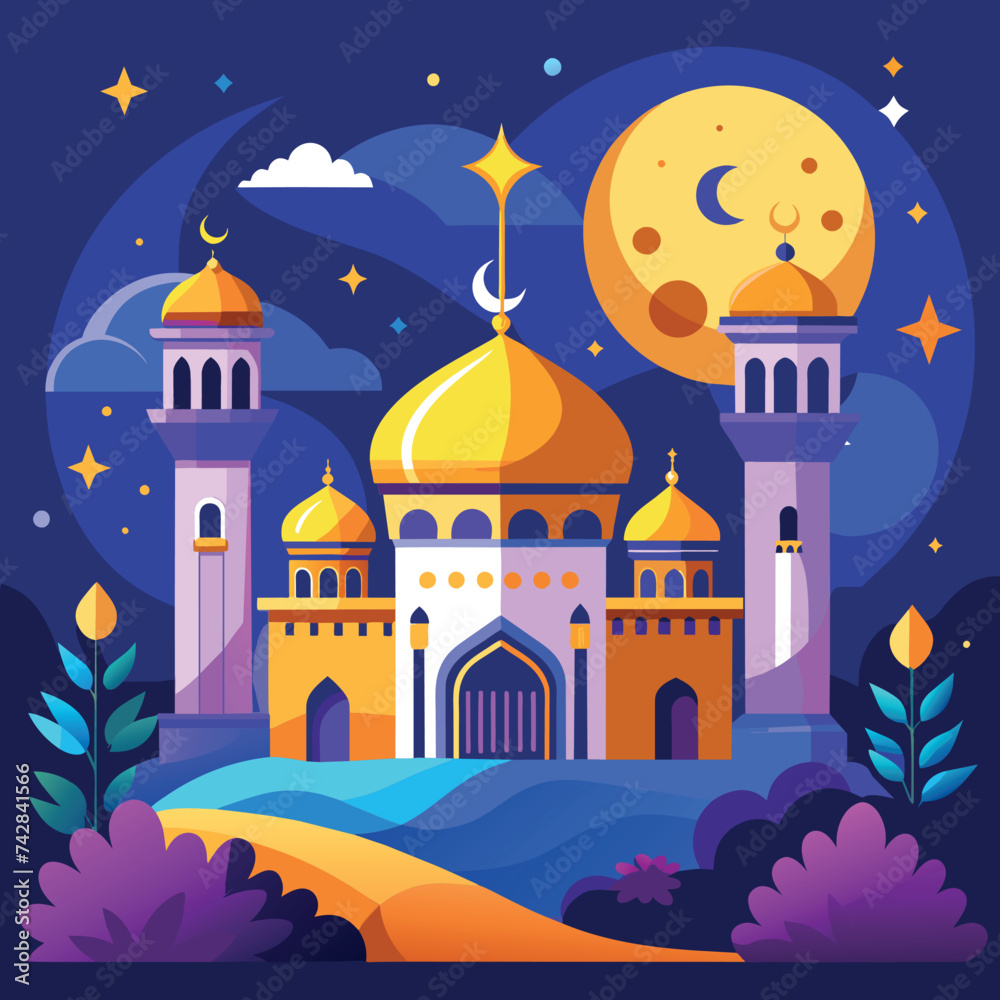 Eid Mubarak Ramadan Kareem background with moon and lanterns generated by Ai