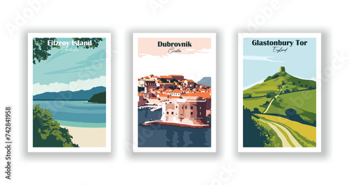 Dubrovnik, Croatia. Fitzroy Island, Australia. Glastonbury Tor, England - Vintage travel poster. Vector illustration. High quality prints