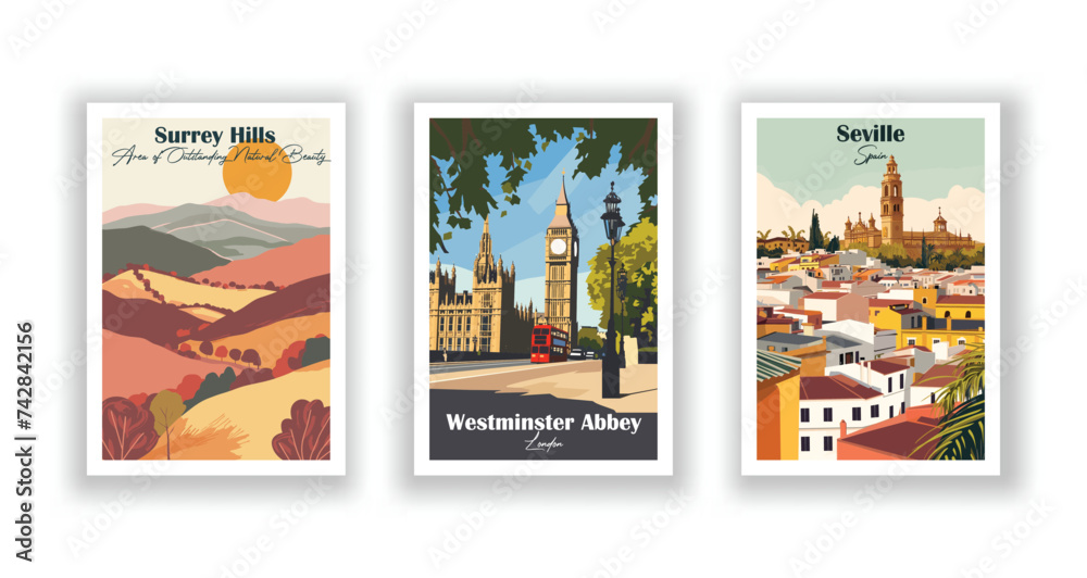 Surrey Hills. Westminster Abbey, London. Seville, Spain - Vintage travel poster. Vector illustration. High quality prints