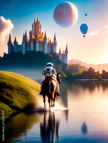 Man riding horse across lake next to castle on top of hill.