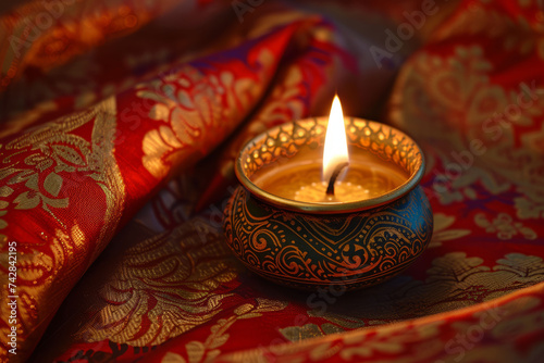 An artistic representation of a diya lamp with ornate henna designs, situated amidst traditional Indian fabrics and sparkling gold decor, symbolizing