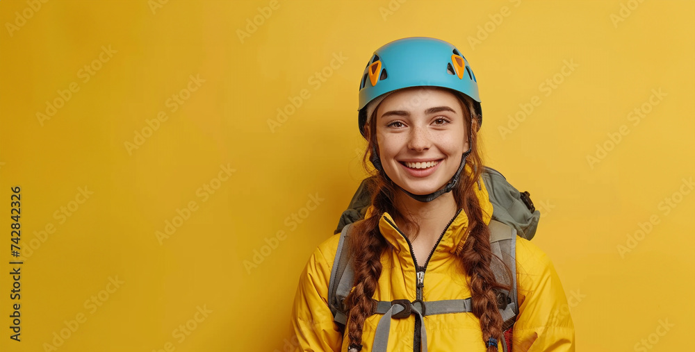 Portrait of a smiling girl in a helmet with a backpack on a yellow background.Portrait of a beautiful girl in a yellow helmet on a yellow background Portrait of a smiling girl in a helmet with a backpack on a yellow background.Portrait of a beautiful girl in a yellow helmet on a yellow background