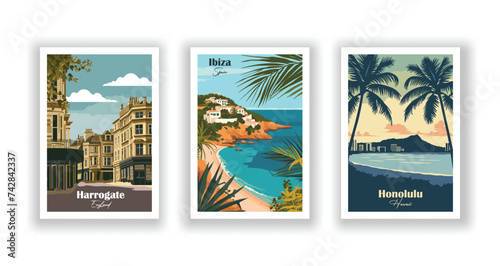 Harrogate, England. Honolulu, Hawaii. Ibiza, Spain - Vintage travel poster. Vector illustration. High quality prints photo