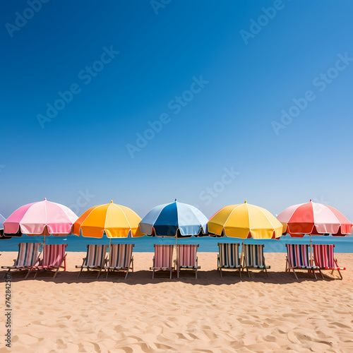 A row of colorful beach umbrellas on the sand. 