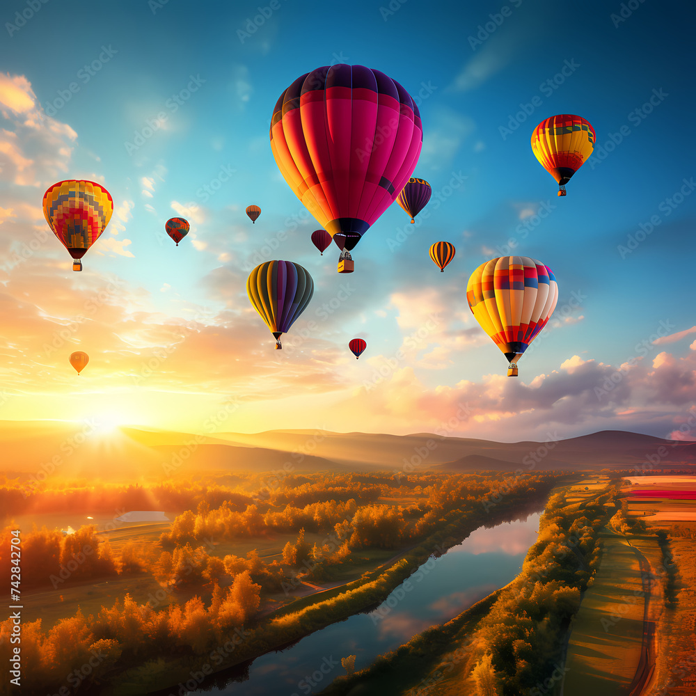 A row of colorful hot air balloons in the sky.