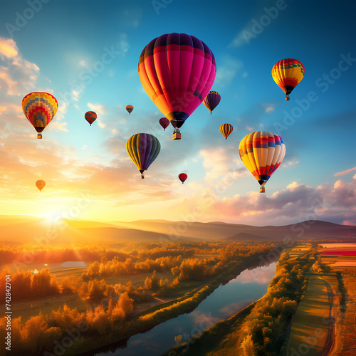 A row of colorful hot air balloons in the sky. © Cao
