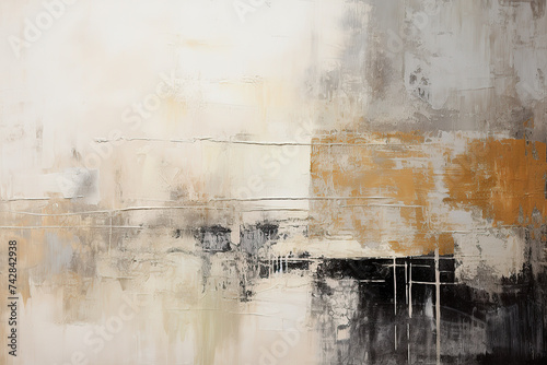 Abstract and minimalist oil painting background. Black white and golden oil paint smears. 