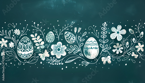 Oeufs de Pâques et fleur sur fond bleu vert texturé