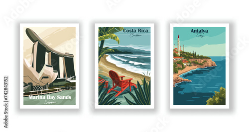 Antalya, Turkey. Costa Rica, Caribbean. Marina Bay Sands, Singapore - Vintage travel poster. Vector illustration. High quality prints