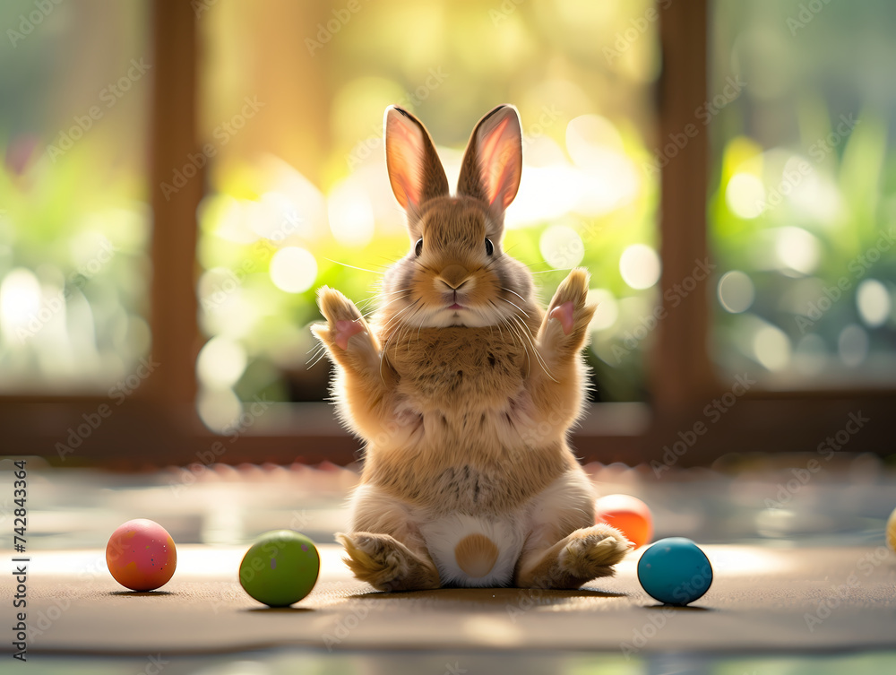 Un lapin en pose yoga avec des oeufs de pâques - obrazy, fototapety, plakaty 