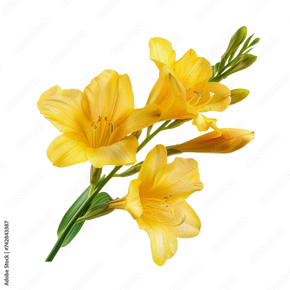 Obraz premium Yellow freesia flowers with leaf isolated transparent, Generative AI