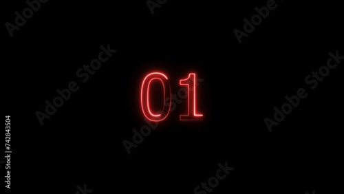  Countdown timer from  01 seconds neon light red color glowing illustration. Black background 4k illustration.