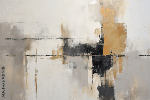 Abstract and minimalist oil painting background. Black white and golden oil paint smears. 