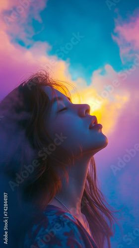 Teenager girl lady woman looking high at the sky with with colorful background