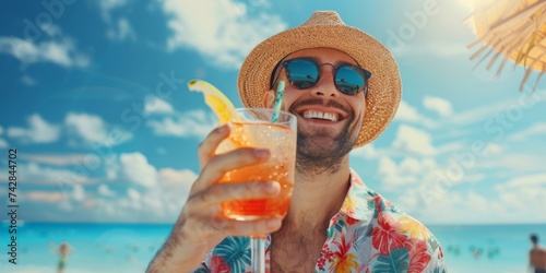 young man drinking a cocktail on the beach Generative AI