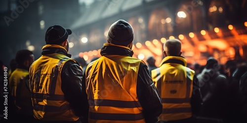 Team of security guards in high visibility vests watching over event. Concept Security Team, High Visibility Vests, Event Monitoring, Safety Measures, Professional Guards
