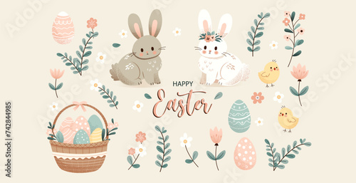 Happy Easter cute cartoon vector set. Rabbit, egg, flower, chicken, basket with eggs and other spring elements. Vector  illustration
