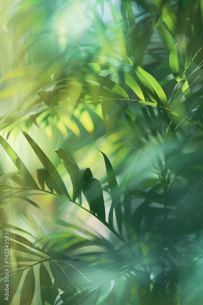 Obraz premium Tropical leaves and flowers background, with motion and soft dreamy focus.
