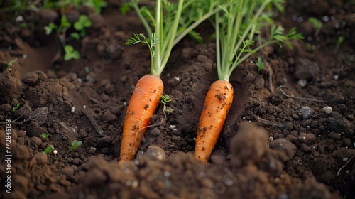Carrot vegetable grows in the garden in the soil organic background closeup 