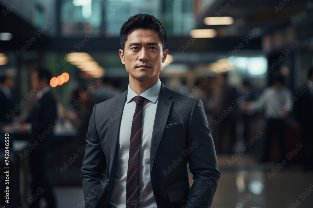 Young Asian businessman in an office smiling confidently Young Asian businessman in an office smiling confidently