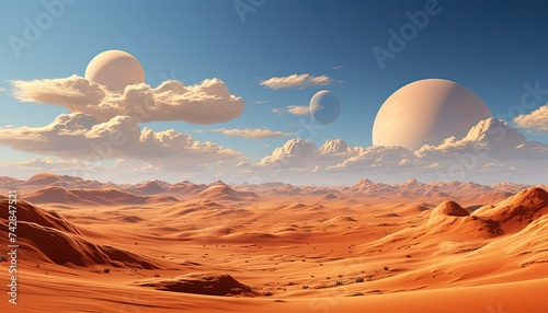 A panoramic view of a desert with sand dunes