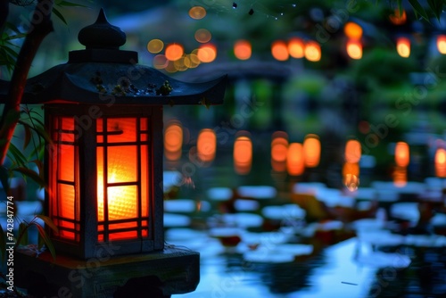 Serene japanese lantern glowing softly in evening light, generative AI photo