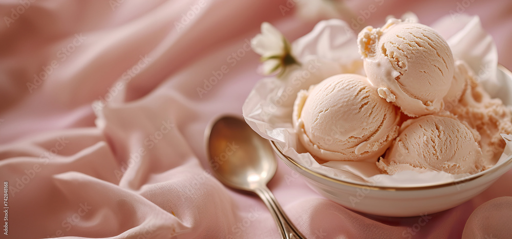 delicious ice cream scoop in bowl with natural pastel linen background sweet treat dessert summer strawberry flavour gelato sundae sorbet homemade delicious ice cream scoop in bowl with natural pastel linen background sweet treat dessert summer strawberry flavour gelato sundae sorbet homemade