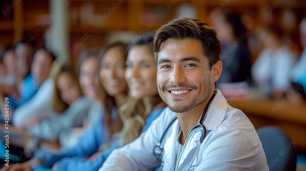 Doctor, Portrait of a smiling young doctor on seminar board room or during an educational class. Doctor, Portrait of a smiling young doctor on seminar board room or during an educational class.